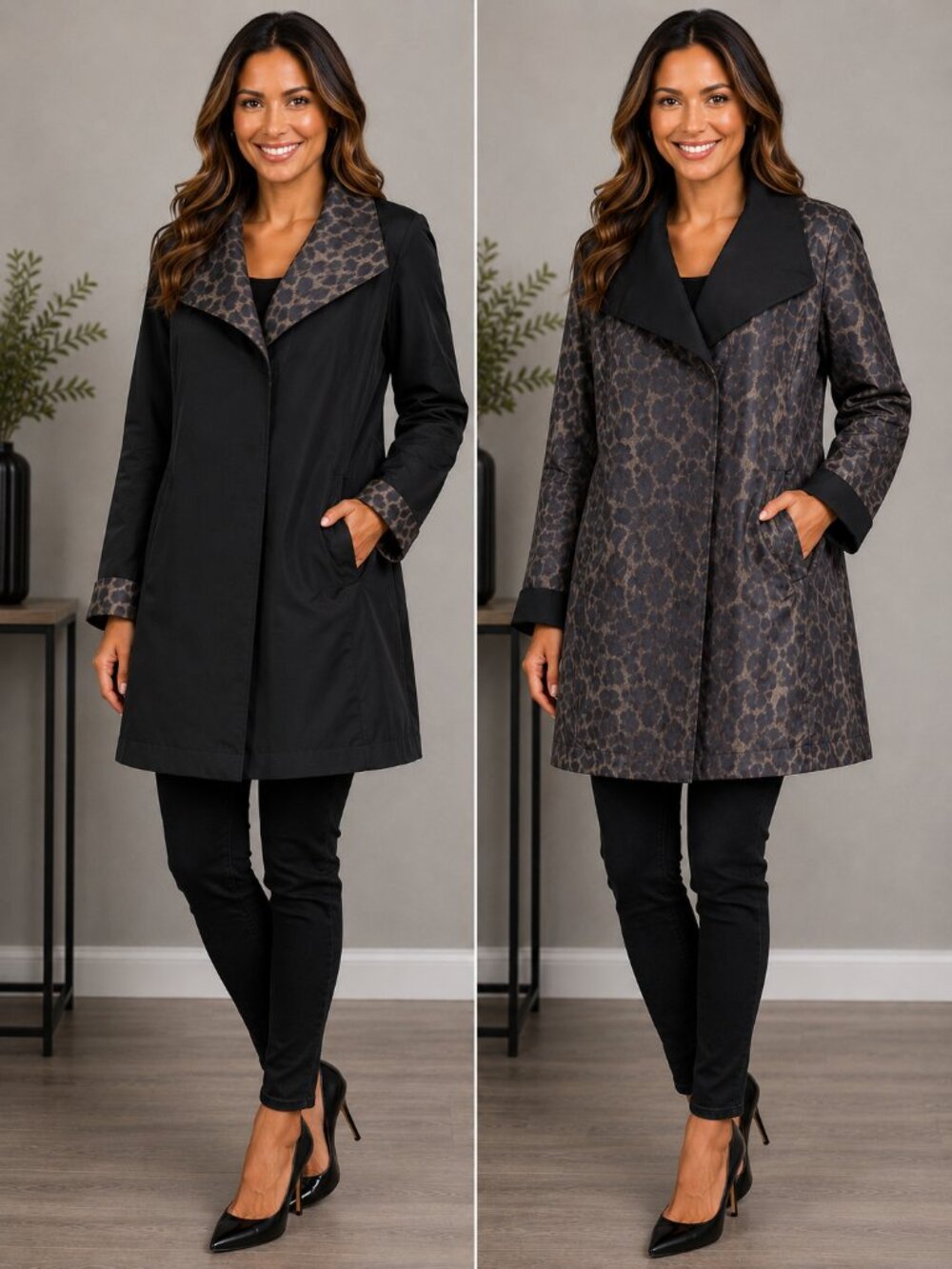 Jones NY Reversible Coat Womens Sz M Leopard & Black